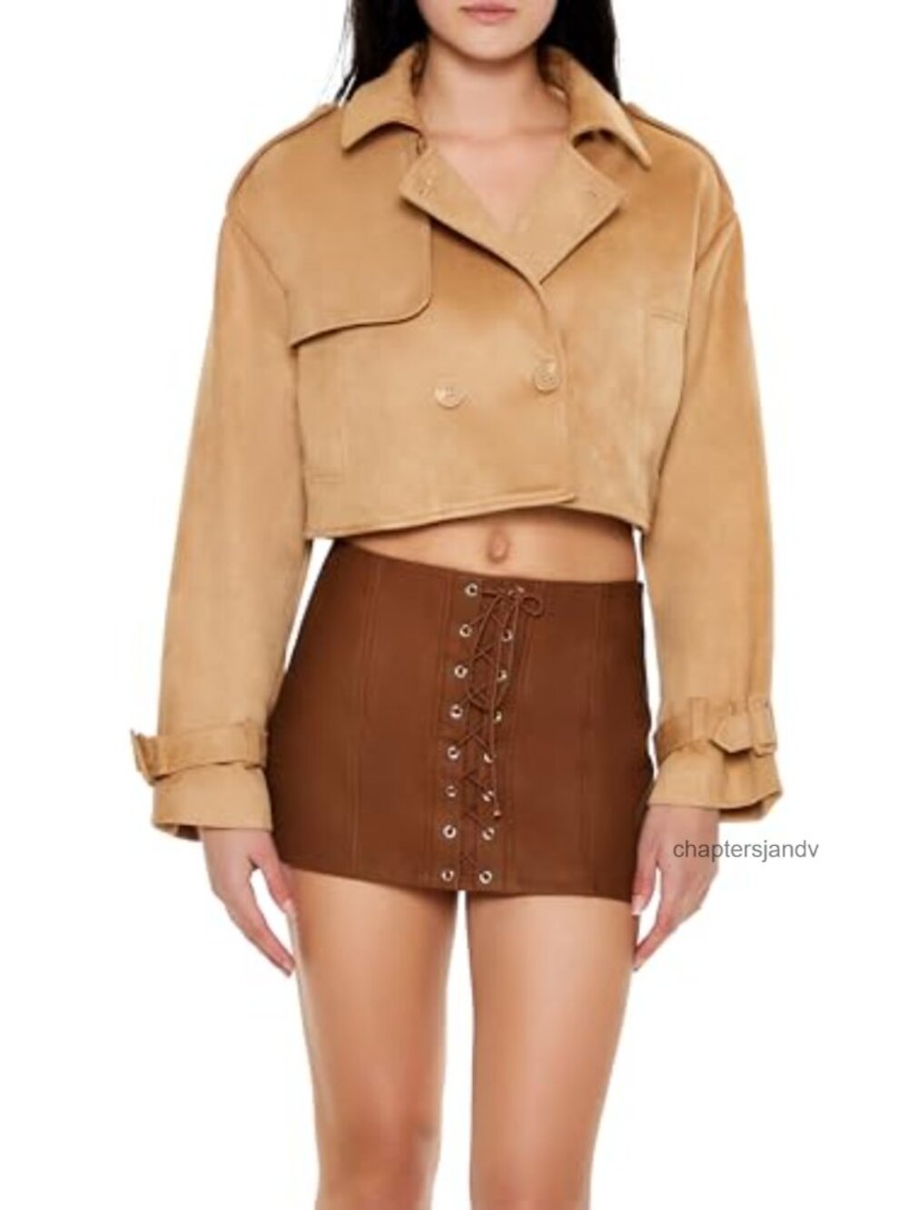 Faux Suede Cropped Trench Coat Notched Collar Double Breasted